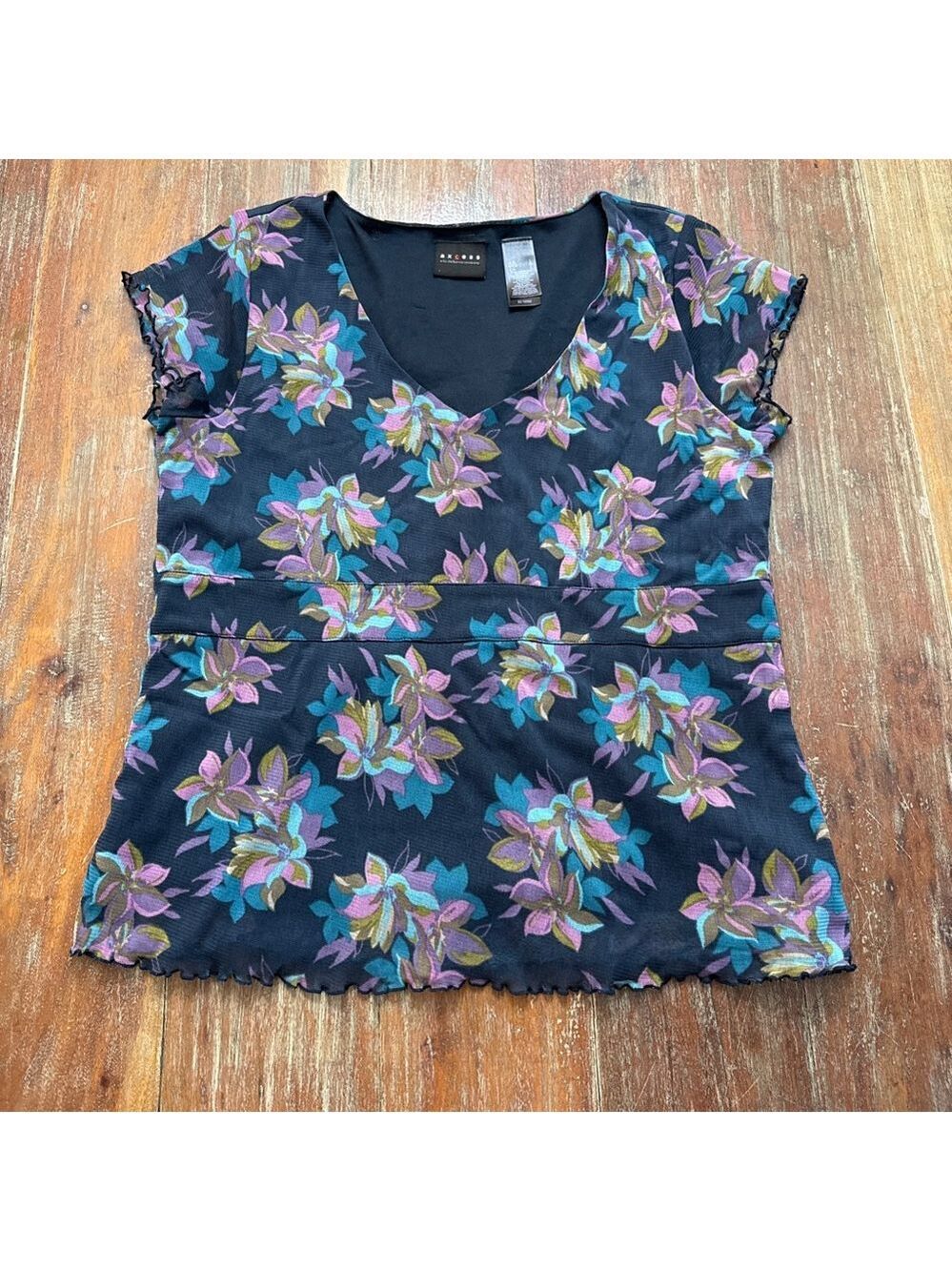 Axcess Liz Claiborne Y2K Floral Mesh Short Sleeve Tee Large